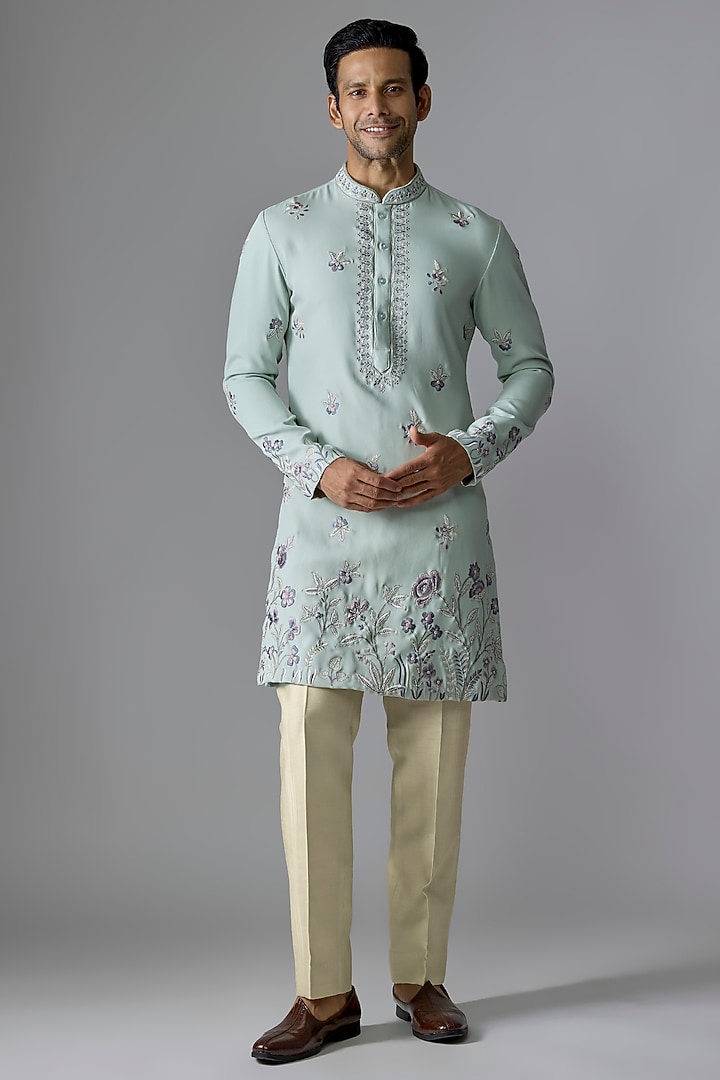 Green Textured Silk Cutdana Embroidered Wedding Indowestern Set by RE CHANNEL at Pernia's Pop Up Shop