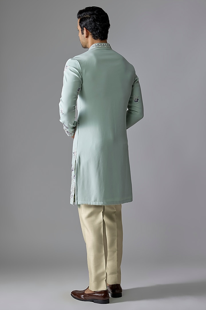 Green Textured Silk Cutdana Embroidered Wedding Indowestern Set by RE CHANNEL at Pernia's Pop Up Shop