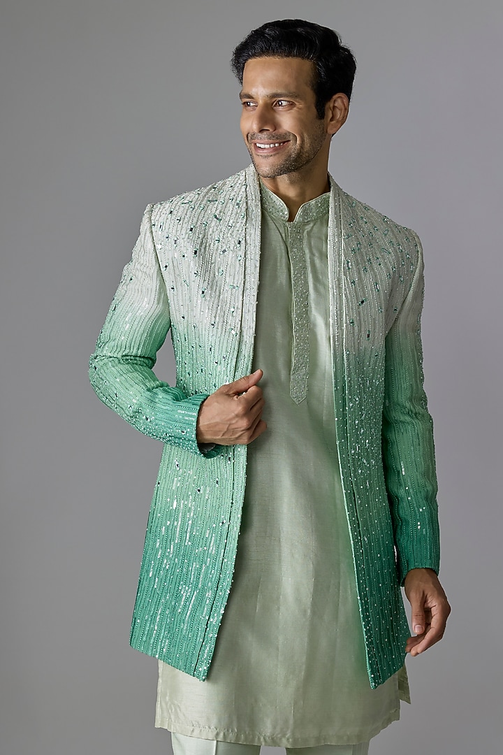 Green Textured Silk Cutdana Embroidered Wedding Indowestern Set by RE CHANNEL at Pernia's Pop Up Shop