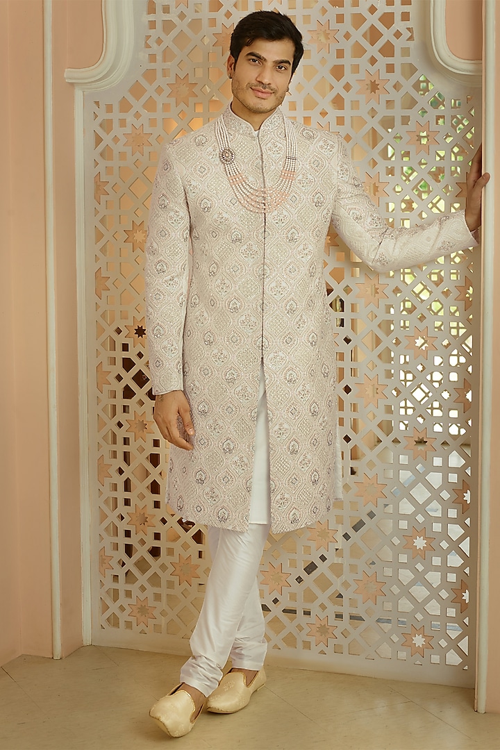 Cream Georgette Floral Motif Embroidered Lucknowi Sherwani Set by RE CHANNEL