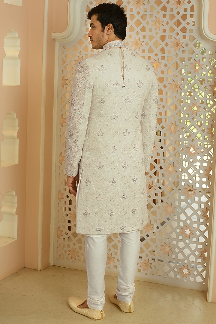 Cream Georgette Floral Motif Embroidered Lucknowi Wedding Sherwani Set by RE CHANNEL at Pernia's Pop Up Shop