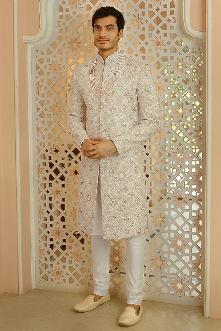 Cream Georgette Floral Motif Embroidered Lucknowi Wedding Sherwani Set by RE CHANNEL at Pernia's Pop Up Shop