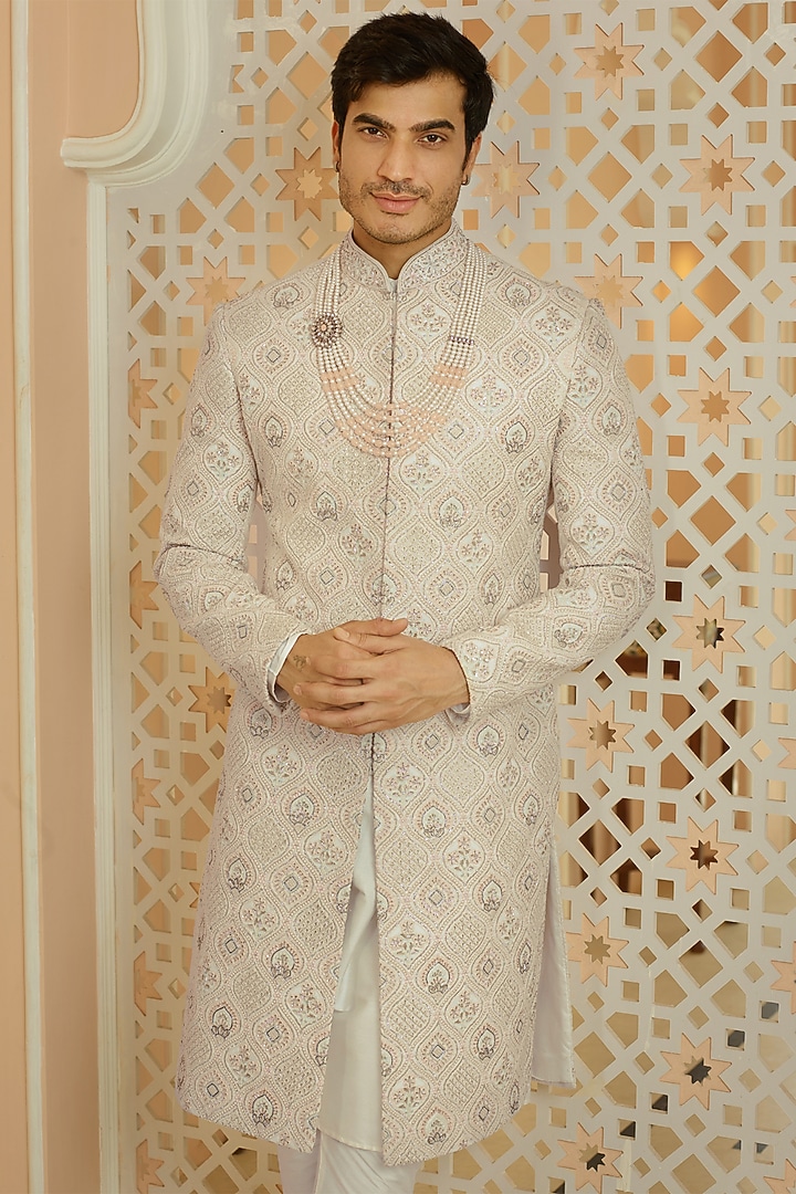 Cream Georgette Floral Motif Embroidered Lucknowi Wedding Sherwani Set by RE CHANNEL at Pernia's Pop Up Shop