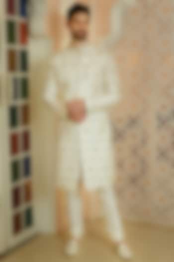 Off-White Silk Cutdana Embellished Wedding Sherwani Set by RE CHANNEL at Pernia's Pop Up Shop