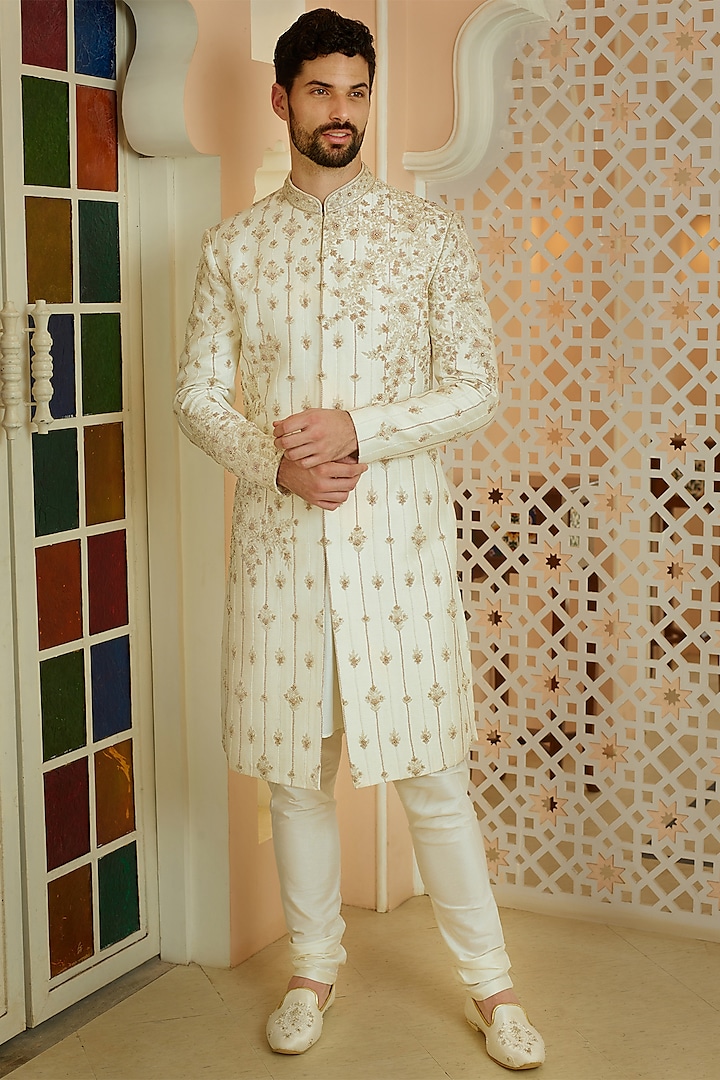 Off-White Silk Cutdana Embellished Wedding Sherwani Set by RE CHANNEL at Pernia's Pop Up Shop