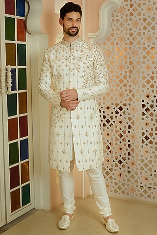 Off-White Silk Cutdana Embellished Sherwani Set by RE CHANNEL