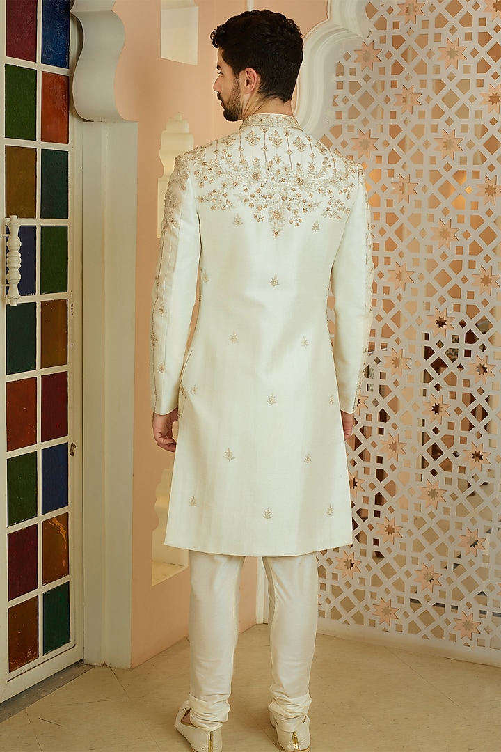 Off-White Silk Cutdana Embellished Wedding Sherwani Set by RE CHANNEL at Pernia's Pop Up Shop