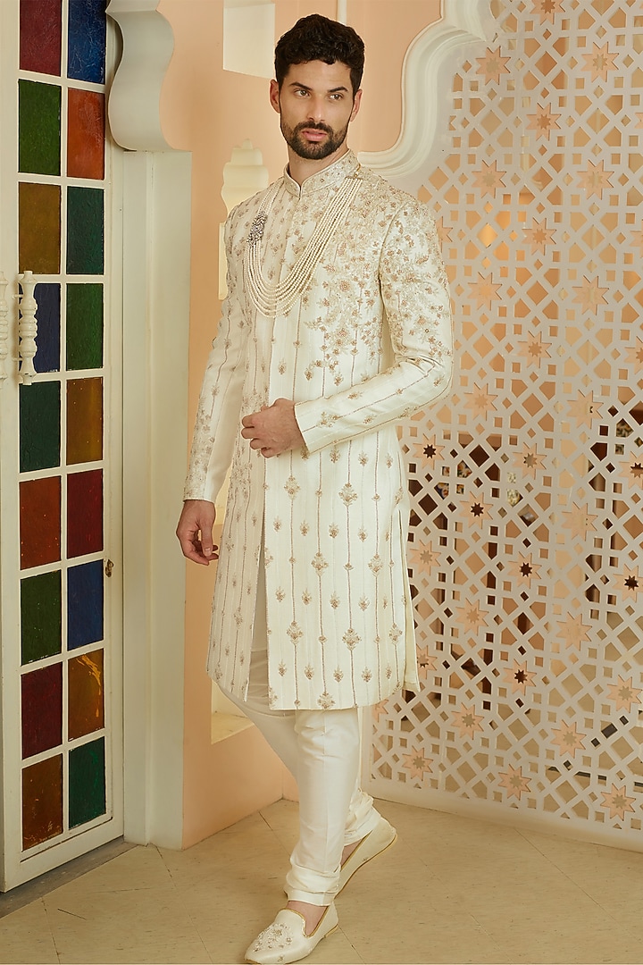 Off-White Silk Cutdana Embellished Wedding Sherwani Set by RE CHANNEL at Pernia's Pop Up Shop