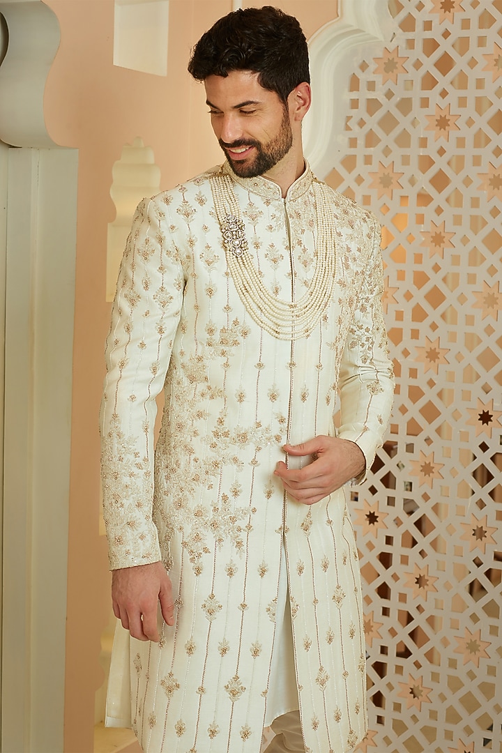 Off-White Silk Cutdana Embellished Wedding Sherwani Set by RE CHANNEL at Pernia's Pop Up Shop