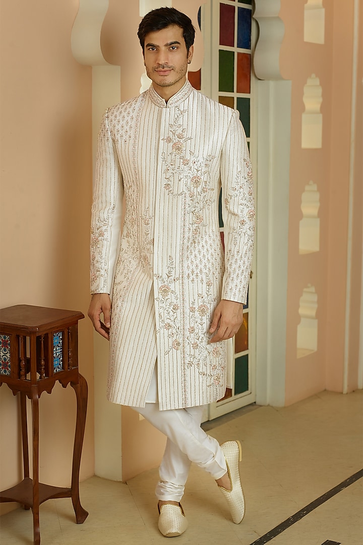 Cream Silk Floral Embroidered Sherwani Set by RE CHANNEL