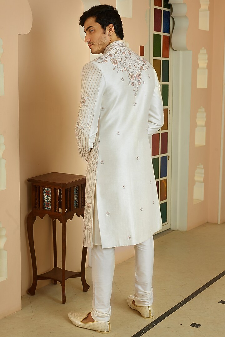 Cream Silk Floral Embroidered Wedding Sherwani Set by RE CHANNEL at Pernia's Pop Up Shop