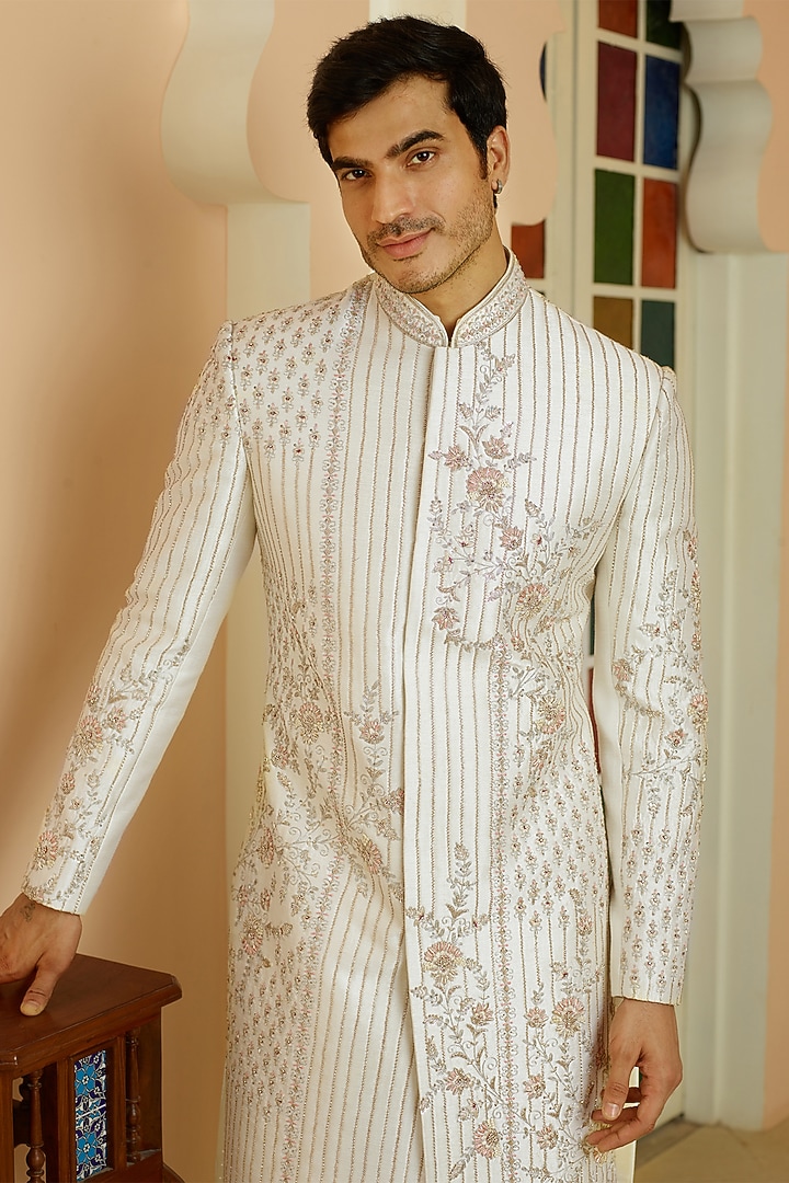 Cream Silk Floral Embroidered Wedding Sherwani Set by RE CHANNEL at Pernia's Pop Up Shop