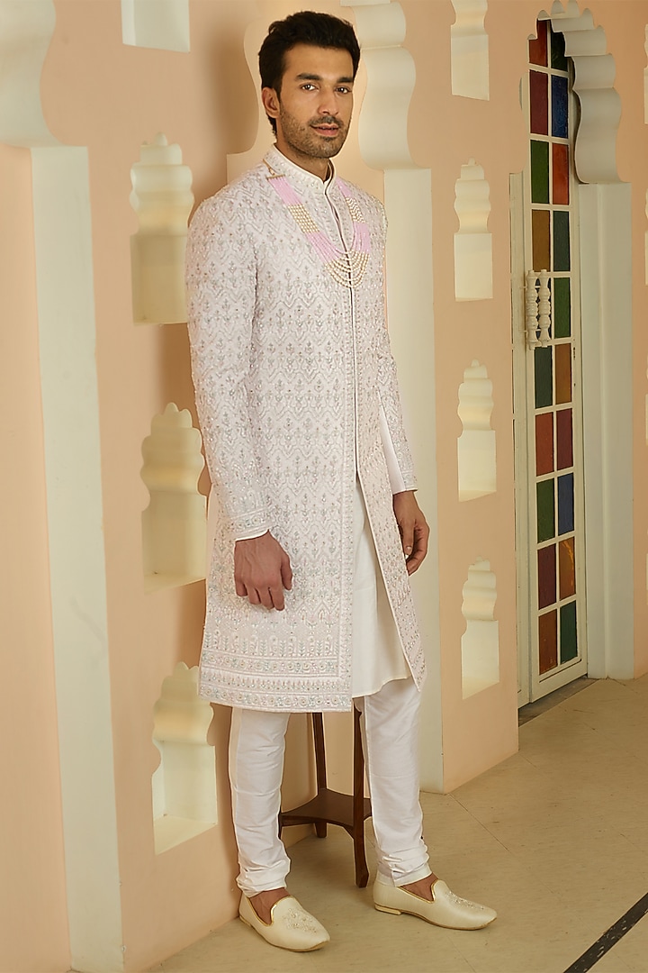 Powder Pink Silk Thread Embroidered Wedding Sherwani Set by RE CHANNEL at Pernia's Pop Up Shop