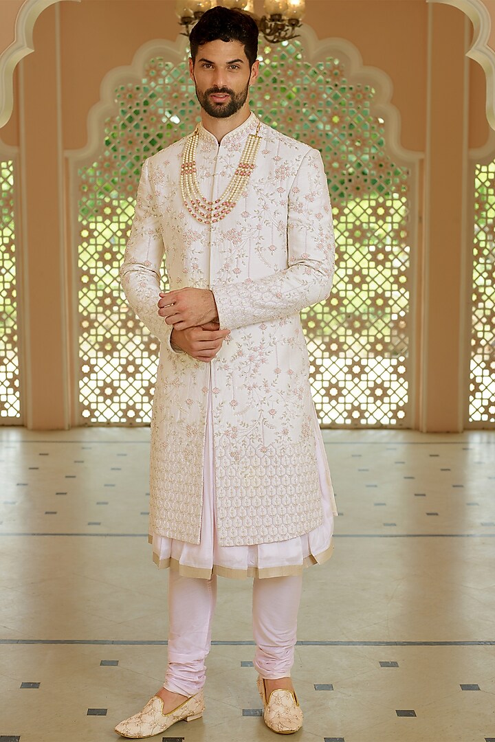 Petal Pink Silk Floral Embroidered Sherwani Set by RE CHANNEL