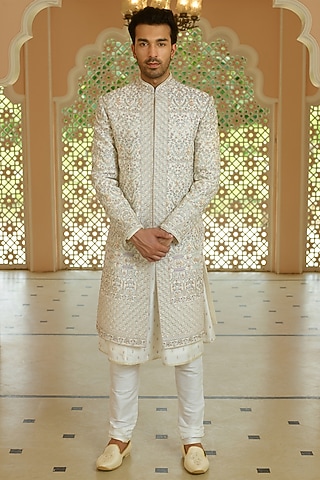 Bisque Silk Resham Embroidered Sherwani Set by RE CHANNEL