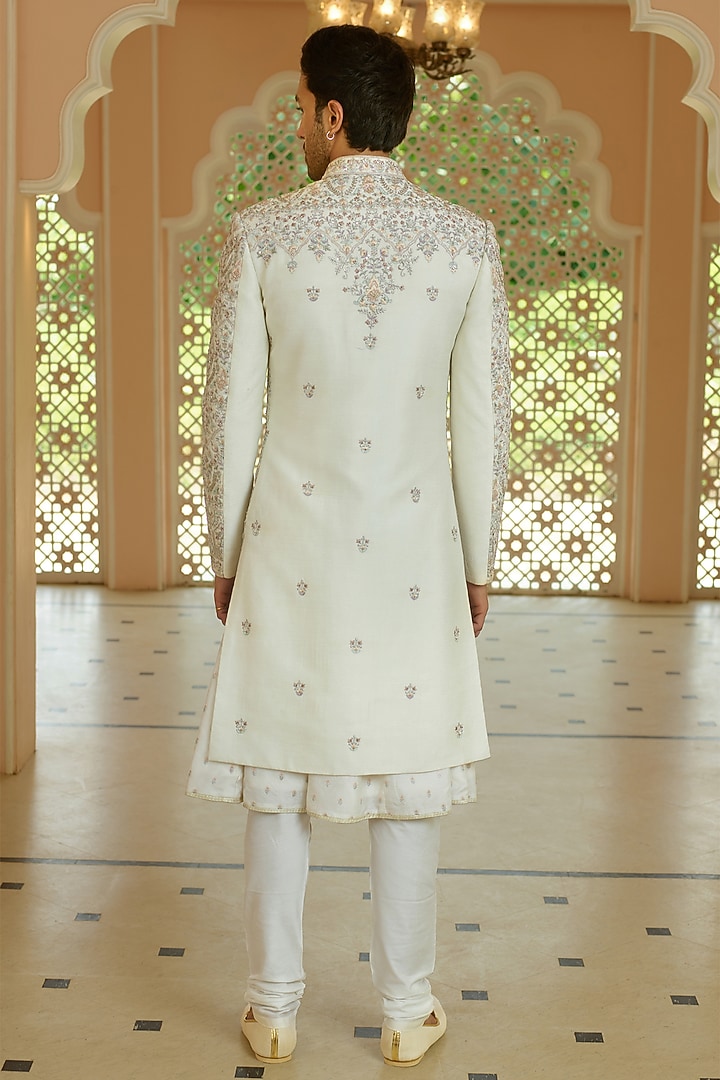 Bisque Silk Resham Embroidered Wedding Sherwani Set by RE CHANNEL at Pernia's Pop Up Shop