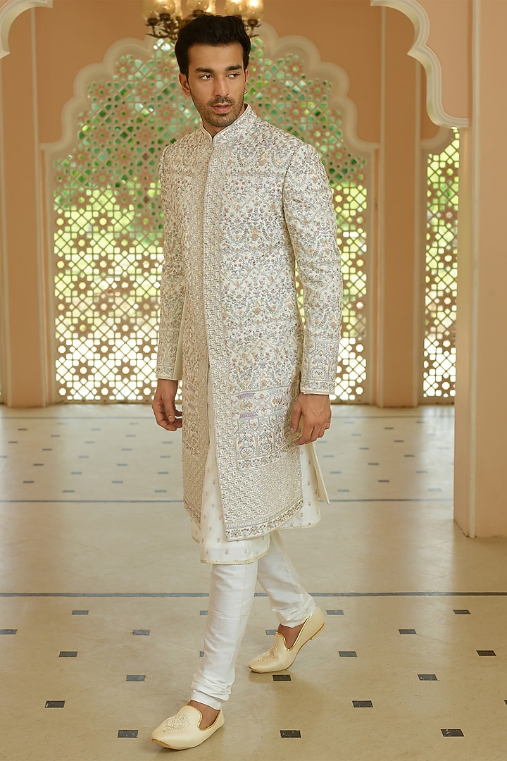 Bisque Silk Resham Embroidered Wedding Sherwani Set by RE CHANNEL at Pernia's Pop Up Shop
