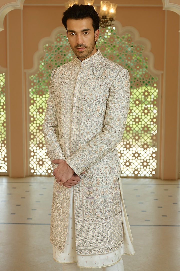 Bisque Silk Resham Embroidered Wedding Sherwani Set by RE CHANNEL at Pernia's Pop Up Shop