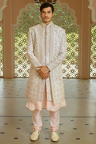 Cream Silk Zari Embroidered Sherwani Set by RE CHANNEL