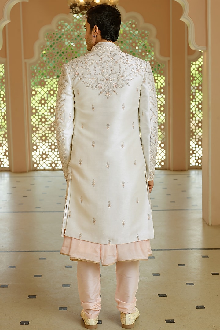 Cream Silk Zari Embroidered Wedding Sherwani Set by RE CHANNEL at Pernia's Pop Up Shop
