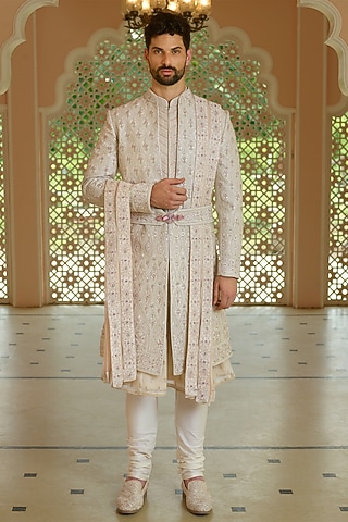 Golden Beige Silk Resham Embroidered Sherwani Set by RE CHANNEL