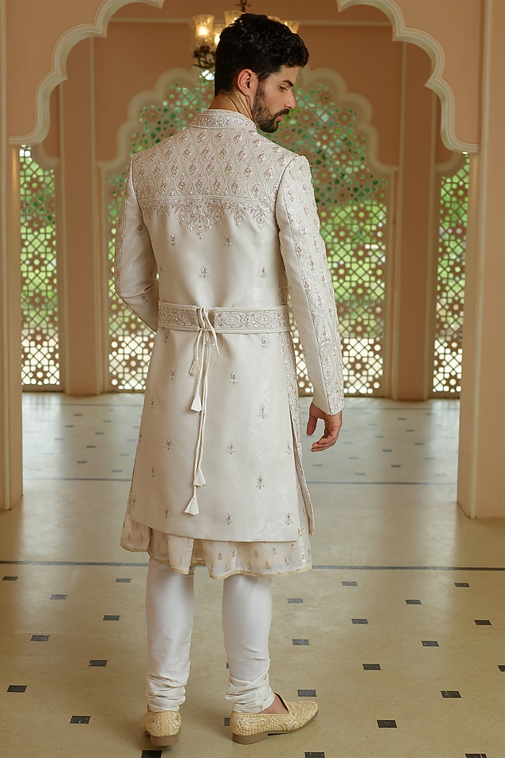 Golden Beige Silk Resham Embroidered Wedding Sherwani Set by RE CHANNEL at Pernia's Pop Up Shop