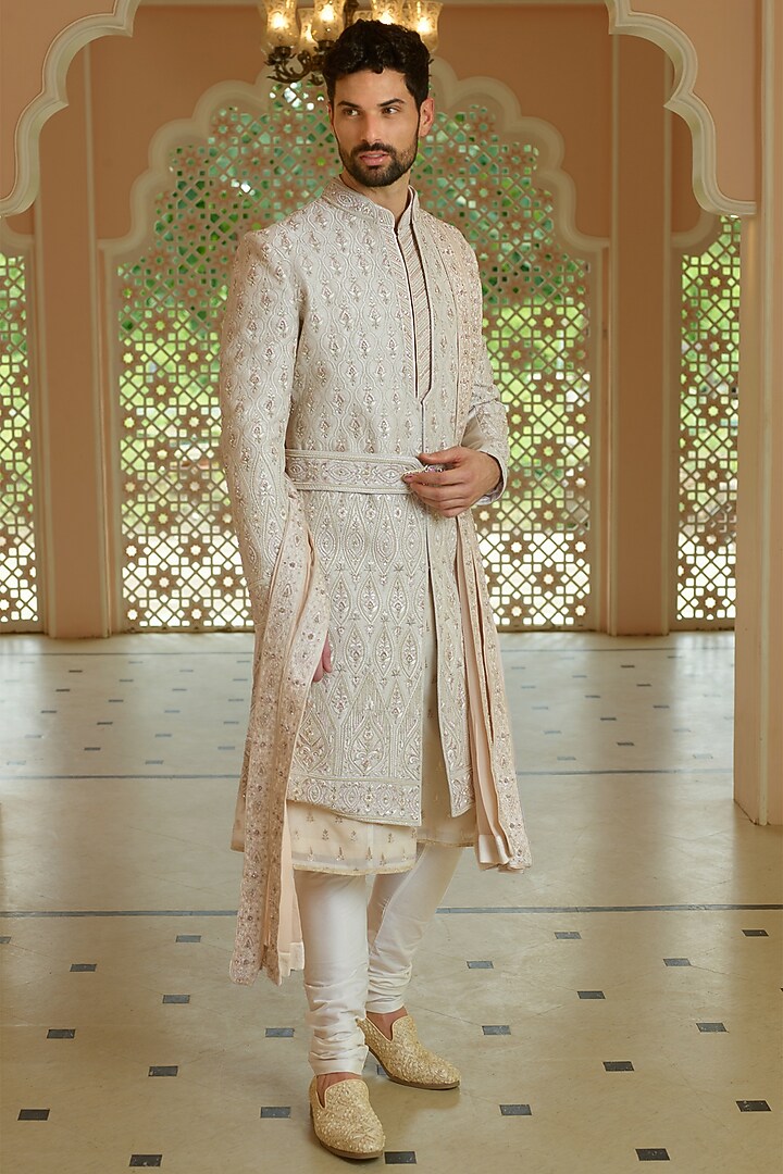 Golden Beige Silk Resham Embroidered Wedding Sherwani Set by RE CHANNEL at Pernia's Pop Up Shop