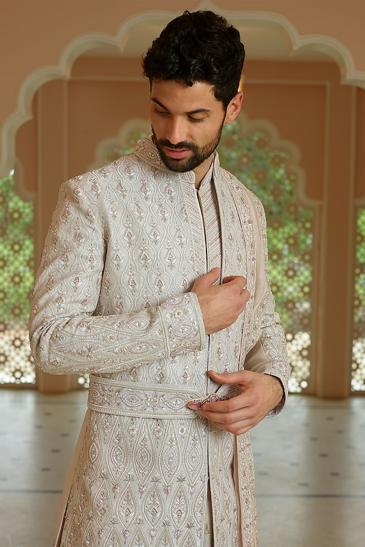 Golden Beige Silk Resham Embroidered Wedding Sherwani Set by RE CHANNEL at Pernia's Pop Up Shop