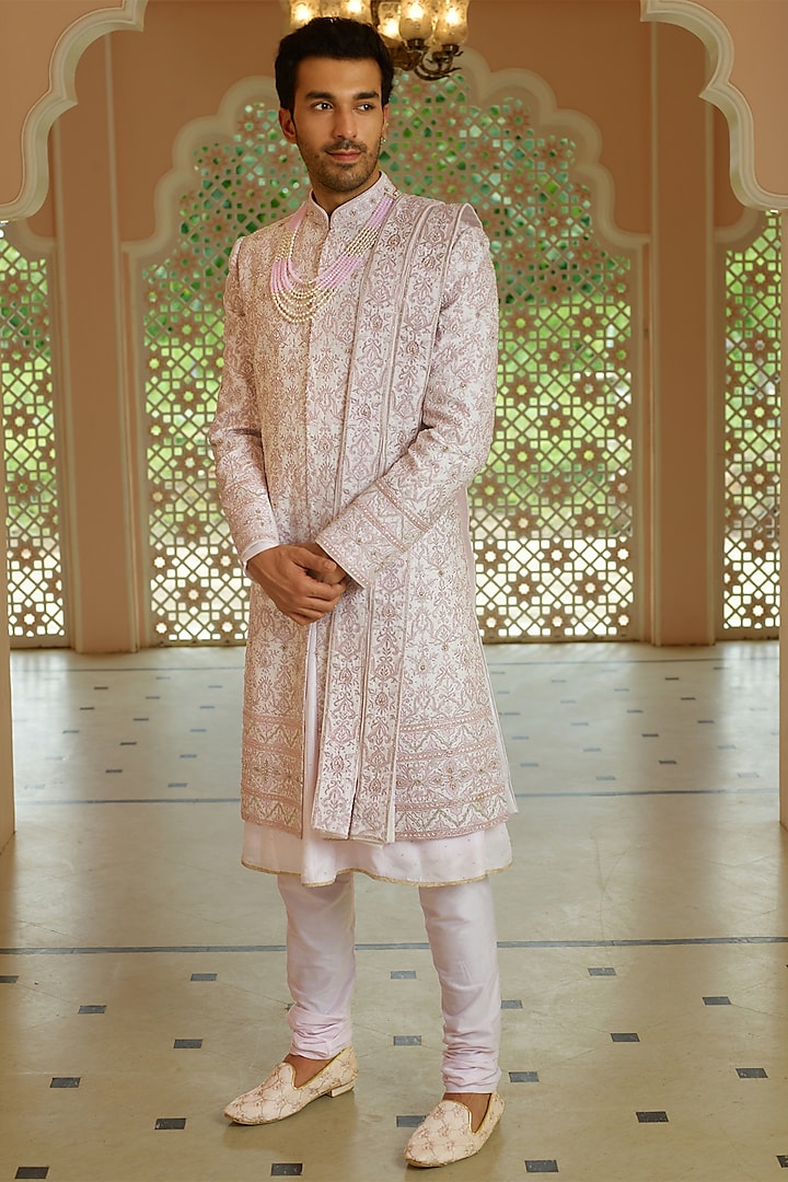 Blush Pink Silk Floral Embroidered Sherwani Set by RE CHANNEL