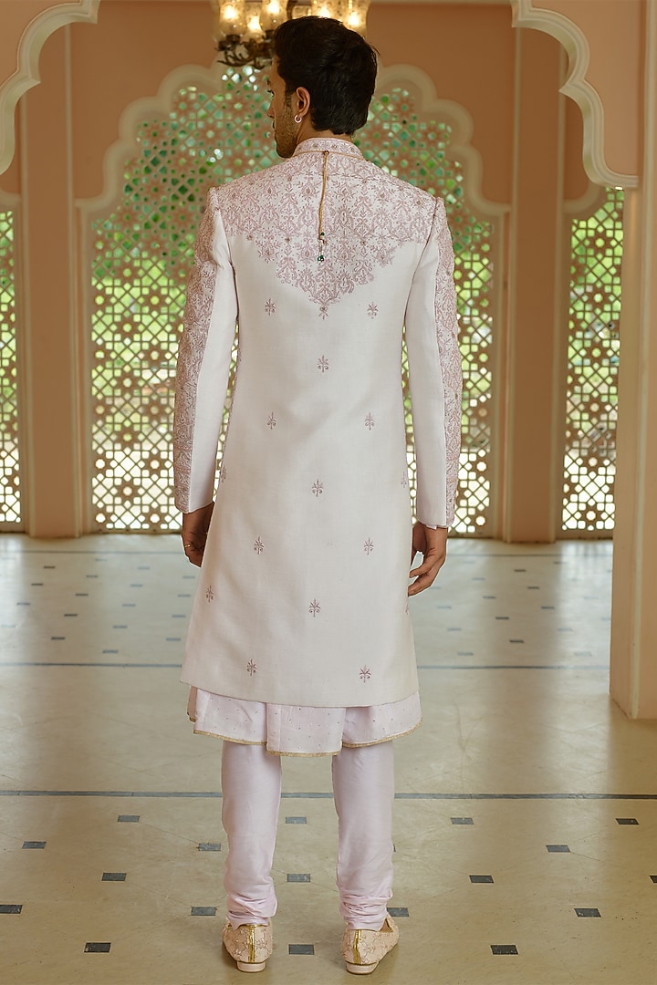 Blush Pink Silk Floral Embroidered Wedding Sherwani Set by RE CHANNEL at Pernia's Pop Up Shop