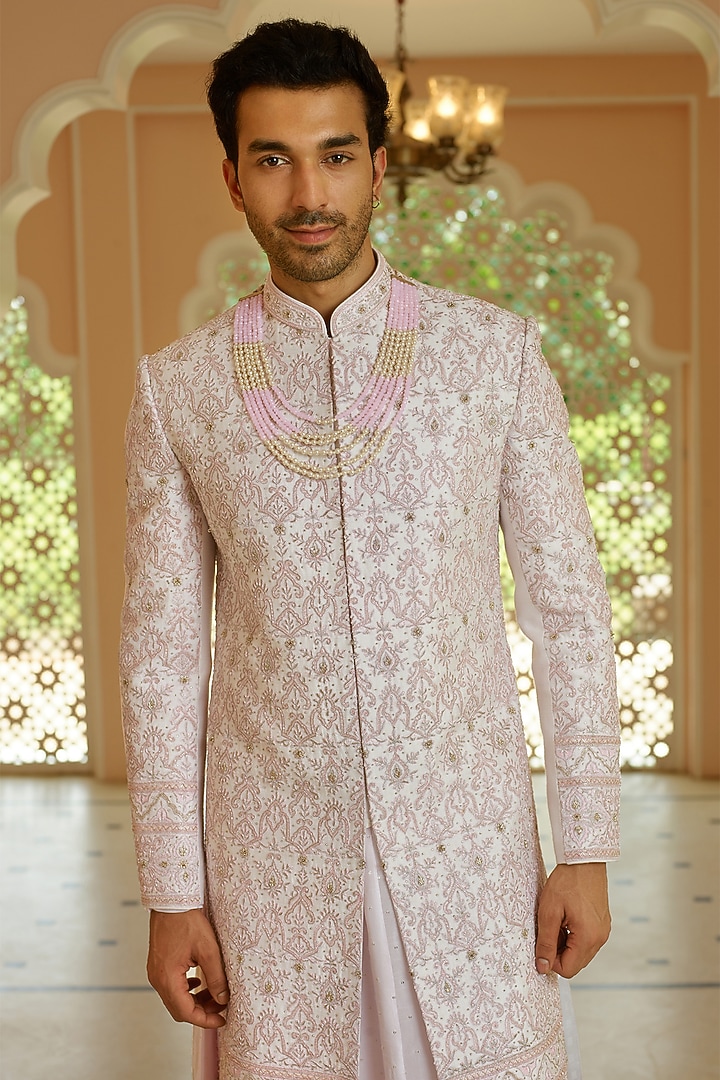 Blush Pink Silk Floral Embroidered Wedding Sherwani Set by RE CHANNEL at Pernia's Pop Up Shop
