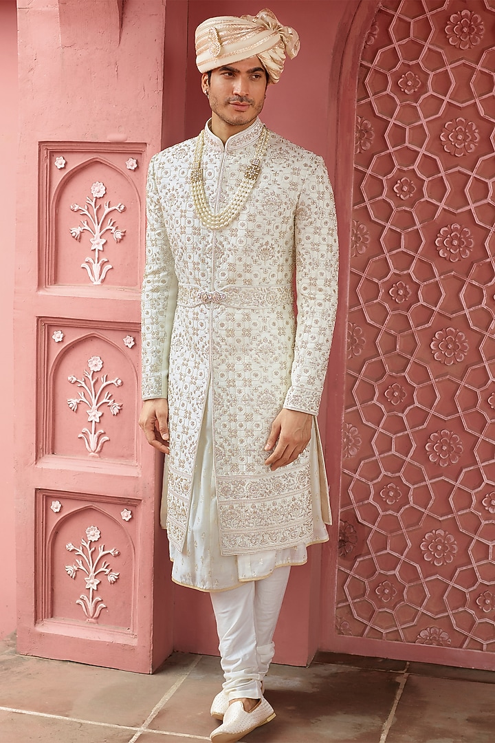 Off-White Pure Raw Silk Pearl Embroidered Groom Sherwani Set by RE CHANNEL at Pernia's Pop Up Shop