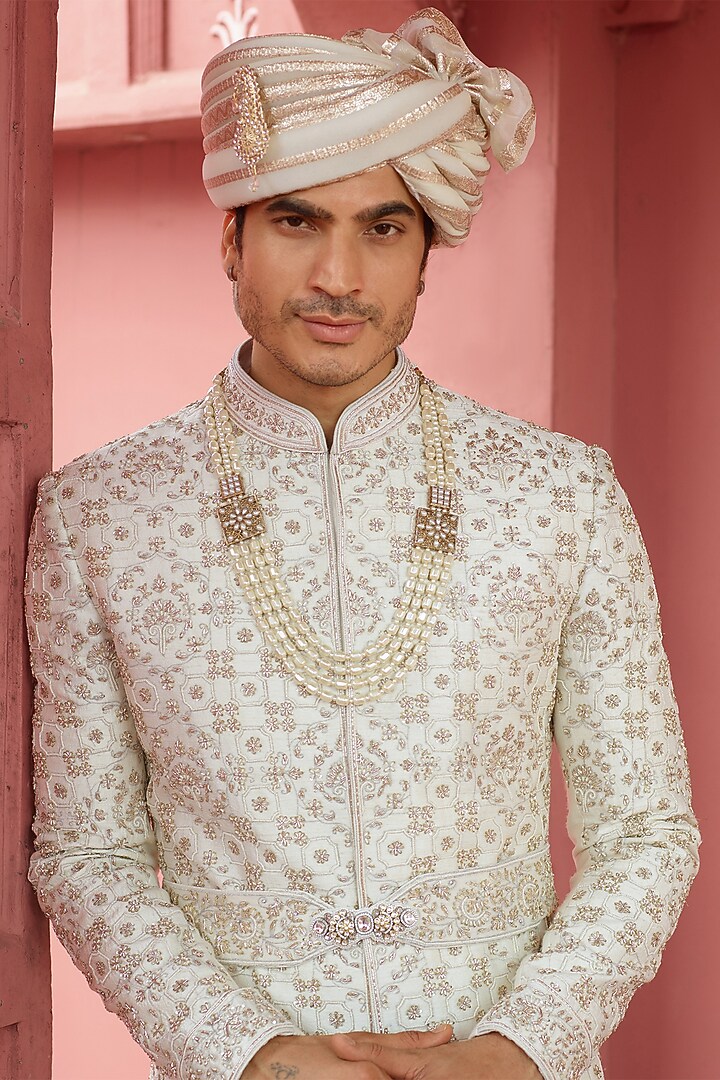 Off-White Pure Raw Silk Pearl Embroidered Groom Sherwani Set by RE CHANNEL at Pernia's Pop Up Shop
