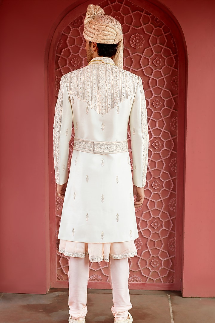 Blush Peach Pure Raw Silk Resham Embroidered Wedding Sherwani Set by RE CHANNEL at Pernia's Pop Up Shop
