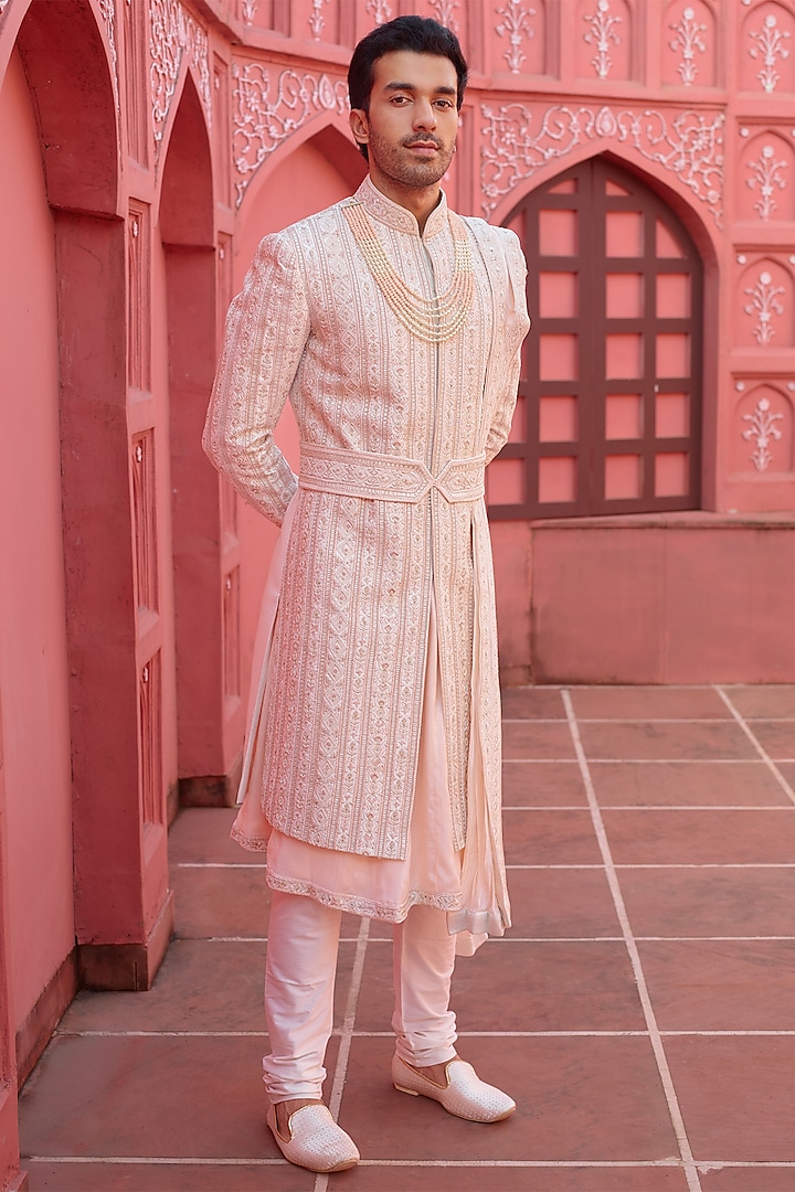 Blush Peach Pure Raw Silk Resham Embroidered Wedding Sherwani Set by RE CHANNEL at Pernia's Pop Up Shop