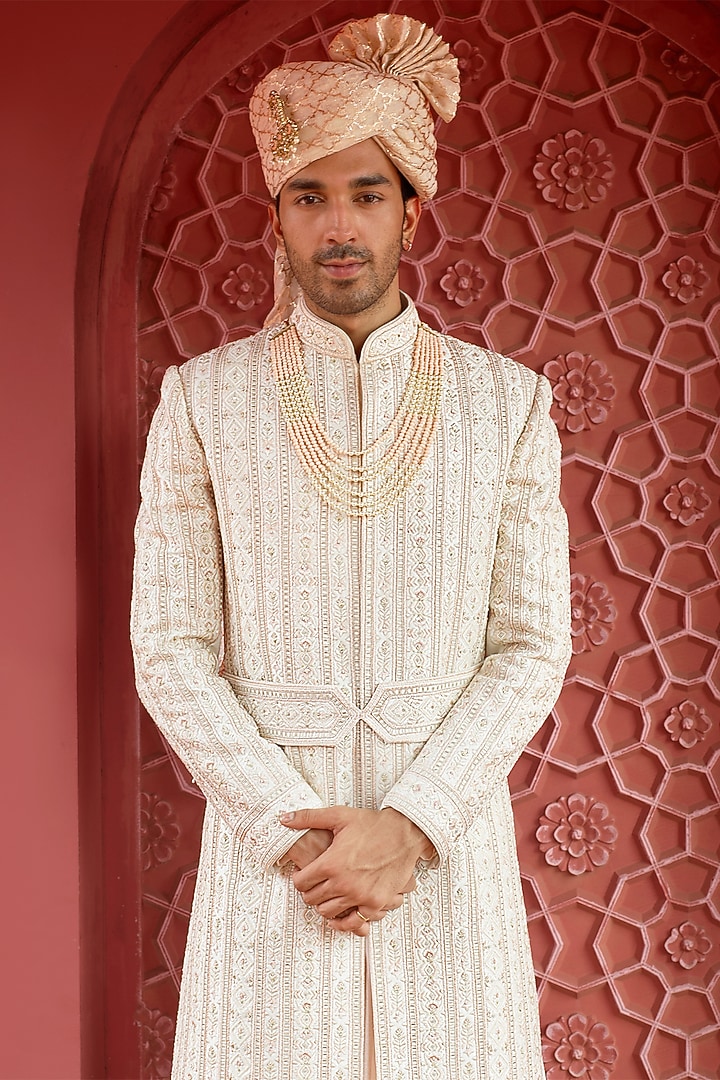 Blush Peach Pure Raw Silk Resham Embroidered Wedding Sherwani Set by RE CHANNEL at Pernia's Pop Up Shop