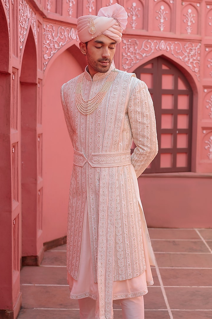 Blush Peach Pure Raw Silk Resham Embroidered Wedding Sherwani Set by RE CHANNEL at Pernia's Pop Up Shop
