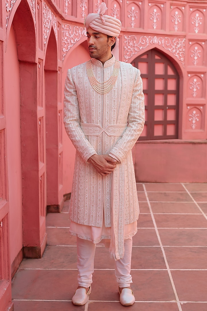 Blush Peach Pure Raw Silk Resham Embroidered Wedding Sherwani Set by RE CHANNEL at Pernia's Pop Up Shop