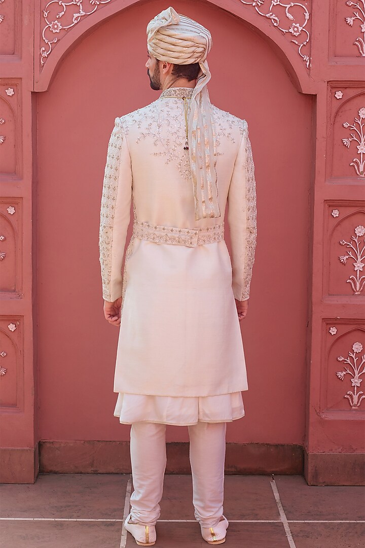 Cream Silk Resham Embroidered Wedding Sherwani Set by RE CHANNEL at Pernia's Pop Up Shop