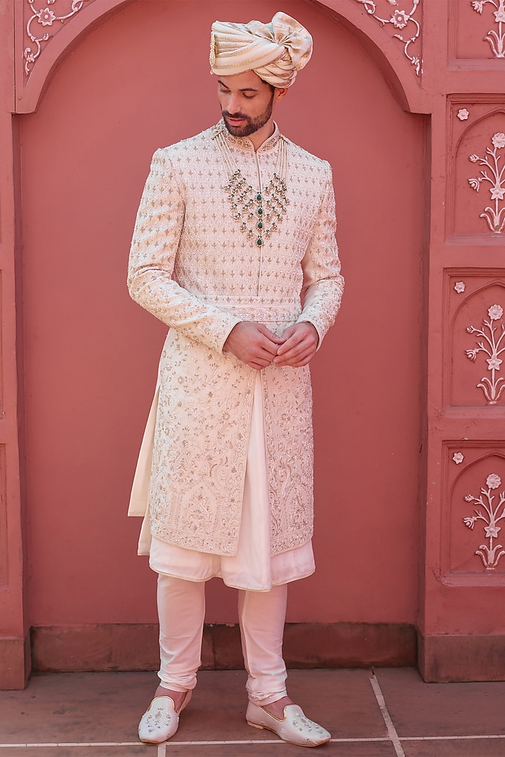 Cream Silk Resham Embroidered Wedding Sherwani Set by RE CHANNEL at Pernia's Pop Up Shop