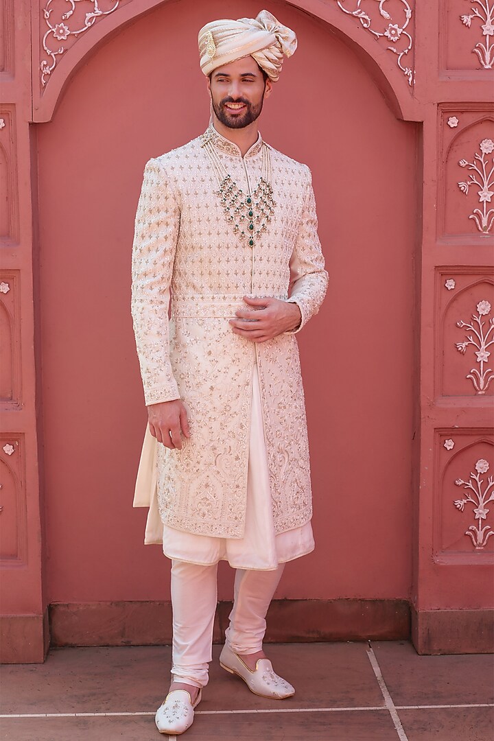Cream Silk Resham Embroidered Wedding Sherwani Set by RE CHANNEL at Pernia's Pop Up Shop