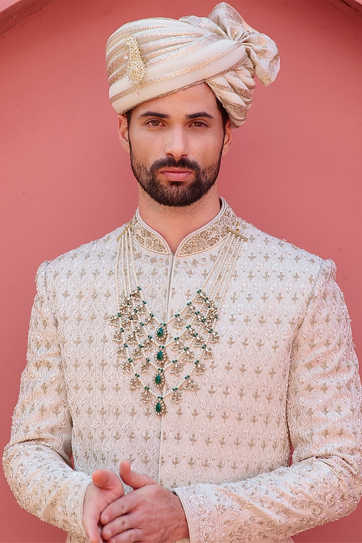 Cream Silk Resham Embroidered Wedding Sherwani Set by RE CHANNEL at Pernia's Pop Up Shop