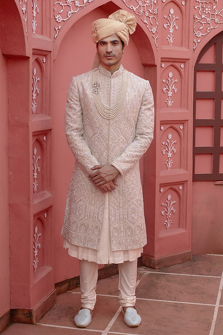 Off-White Silk Resham Hand Embroidered Sherwani Set by RE CHANNEL