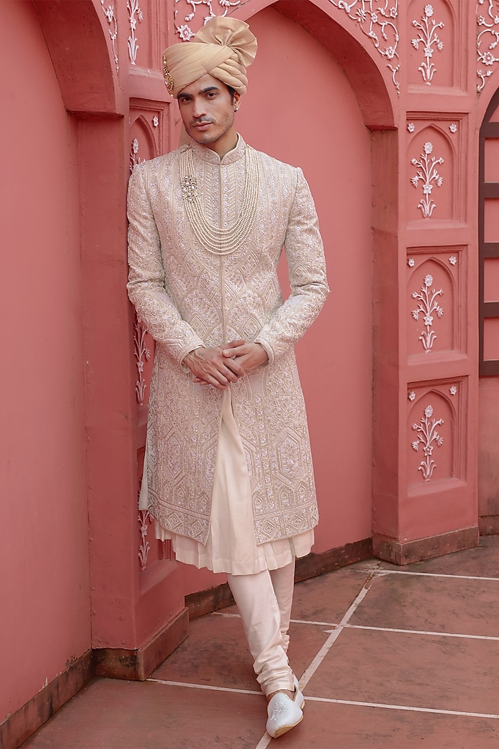 Off White Open Jacket Sherwani Set With Resham Work