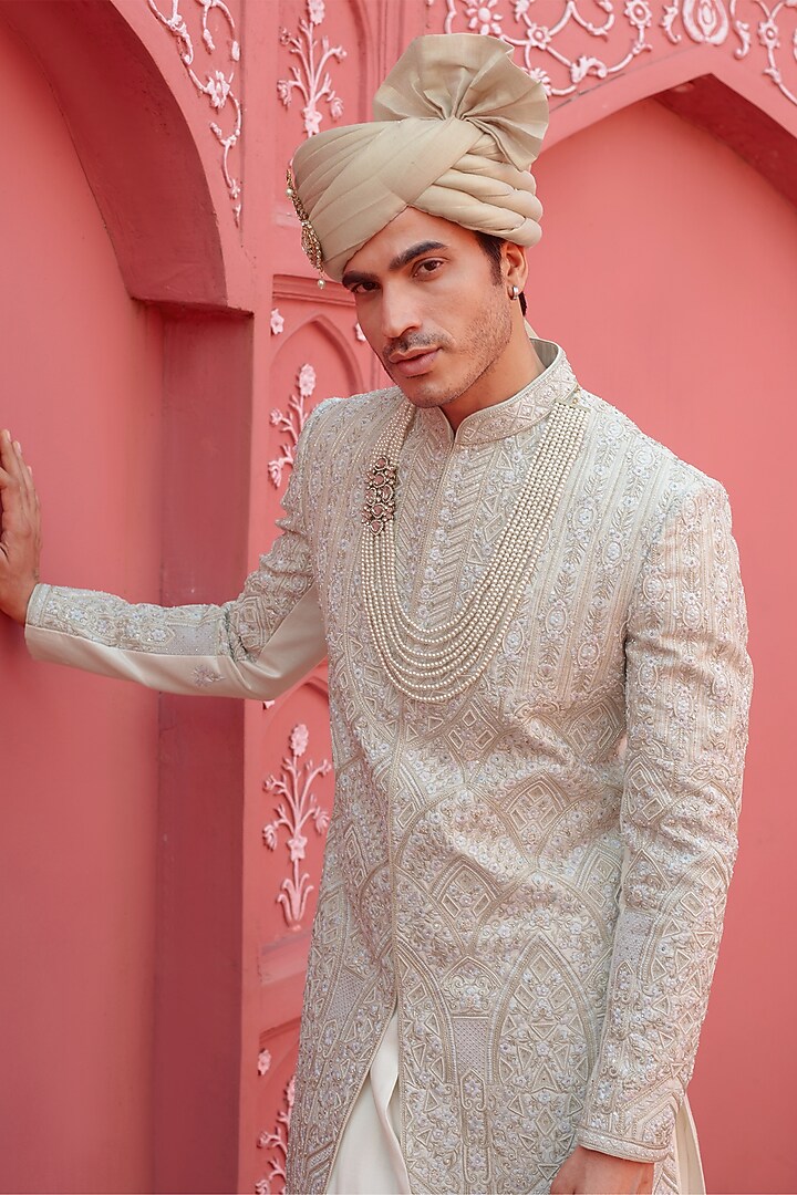 Off-White Silk Resham Hand Embroidered Groom Sherwani Set by RE CHANNEL at Pernia's Pop Up Shop