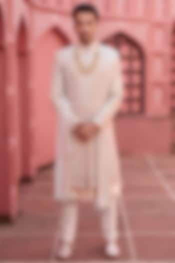 Light Gold Silk Cutwork Embellished Groom Sherwani Set by RE CHANNEL at Pernia's Pop Up Shop