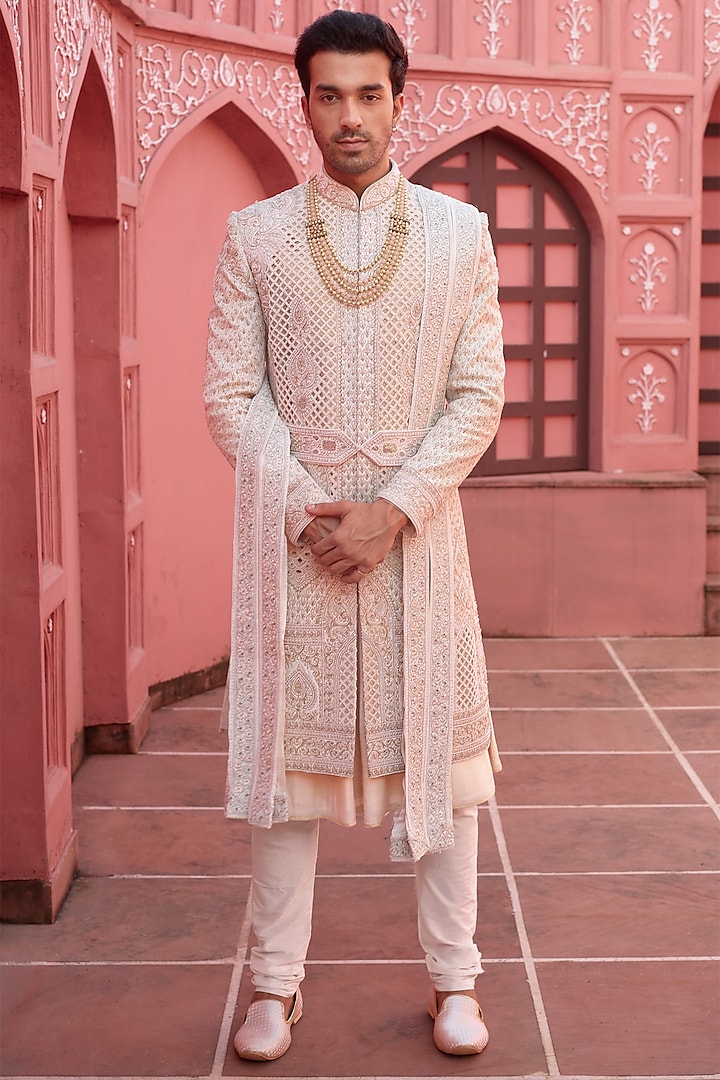 Light Gold Silk Cutwork Embellished Groom Sherwani Set by RE CHANNEL at Pernia's Pop Up Shop