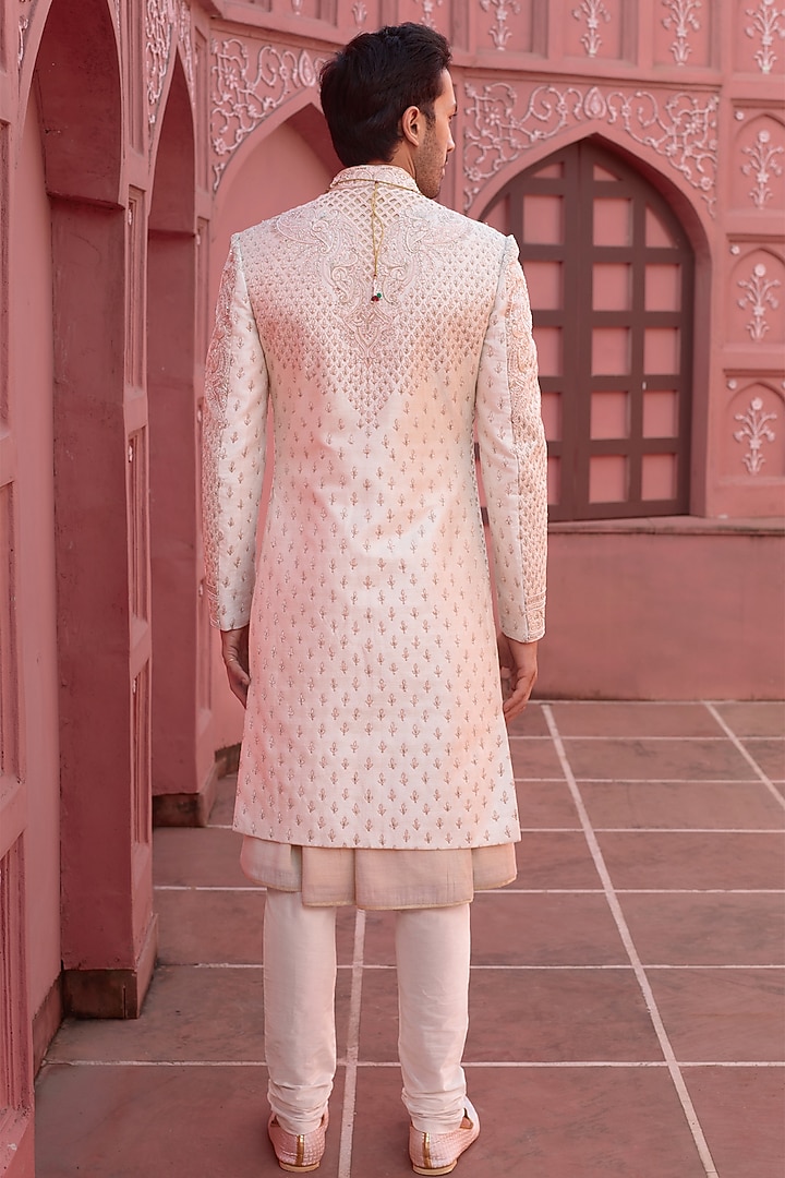 Light Gold Silk Cutwork Embellished Groom Sherwani Set by RE CHANNEL at Pernia's Pop Up Shop