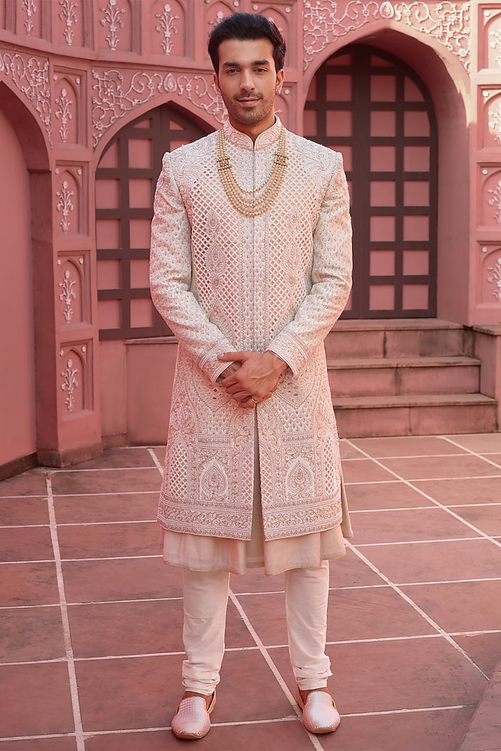 Light Gold Silk Cutwork Embellished Groom Sherwani Set by RE CHANNEL at Pernia's Pop Up Shop