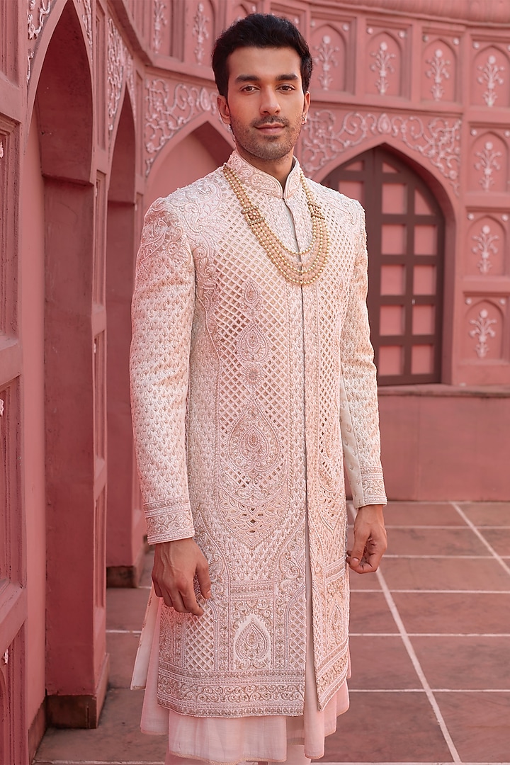 Light Gold Silk Cutwork Embellished Groom Sherwani Set by RE CHANNEL at Pernia's Pop Up Shop